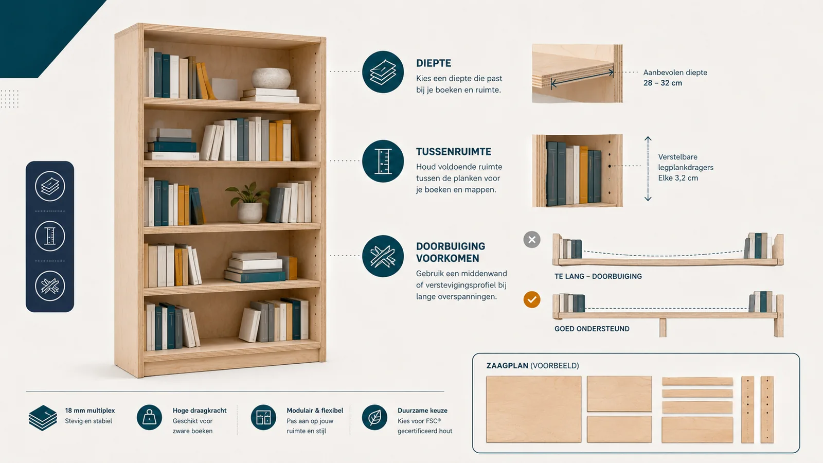 Infographic boekenkast op maat: plankdiepte, tussenruimte, doorbuiging voorkomen en een voorbeeld-zaagplan