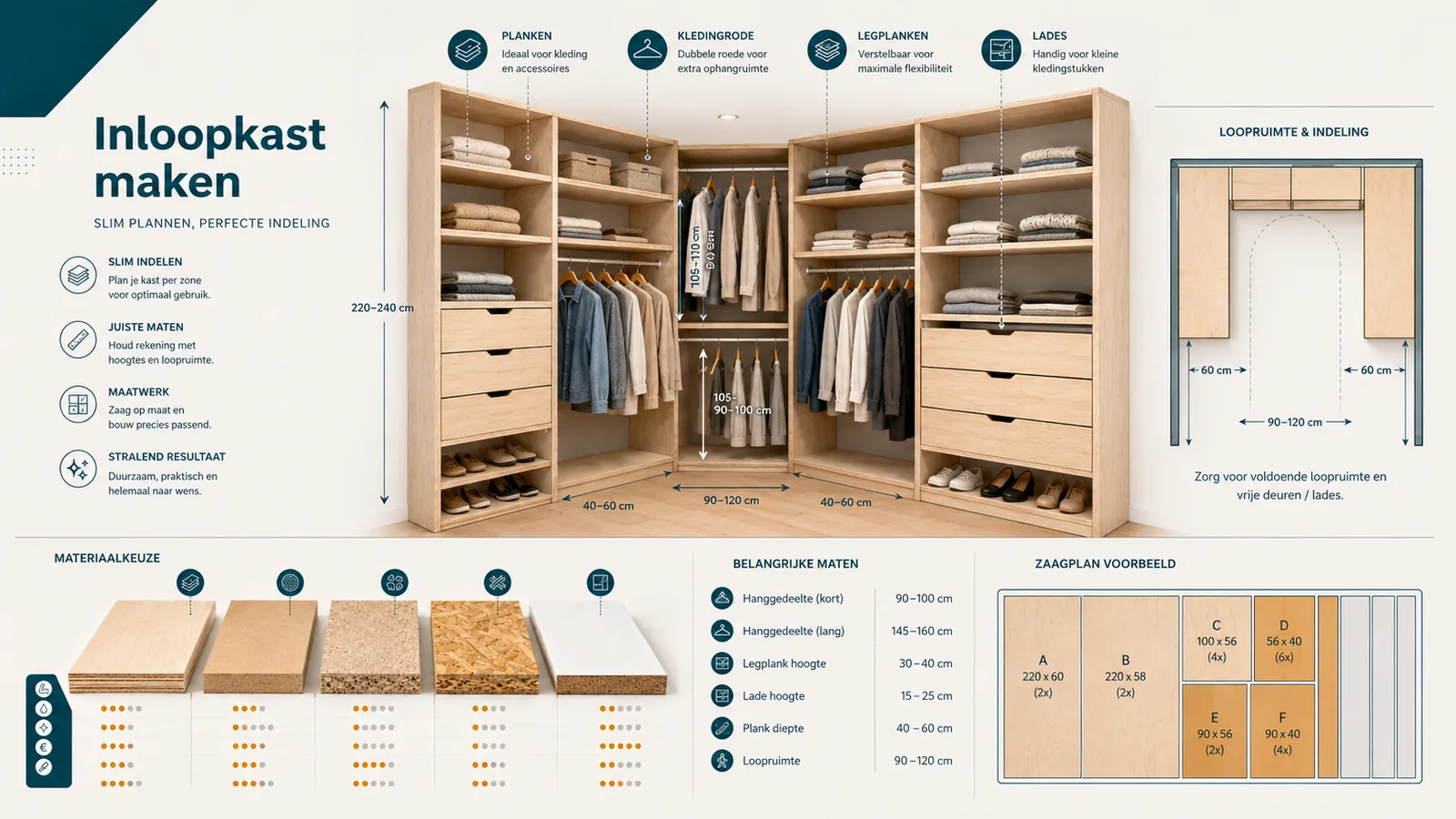 Infographic inloopkast: indeling met roedes, planken en lades langs de wanden