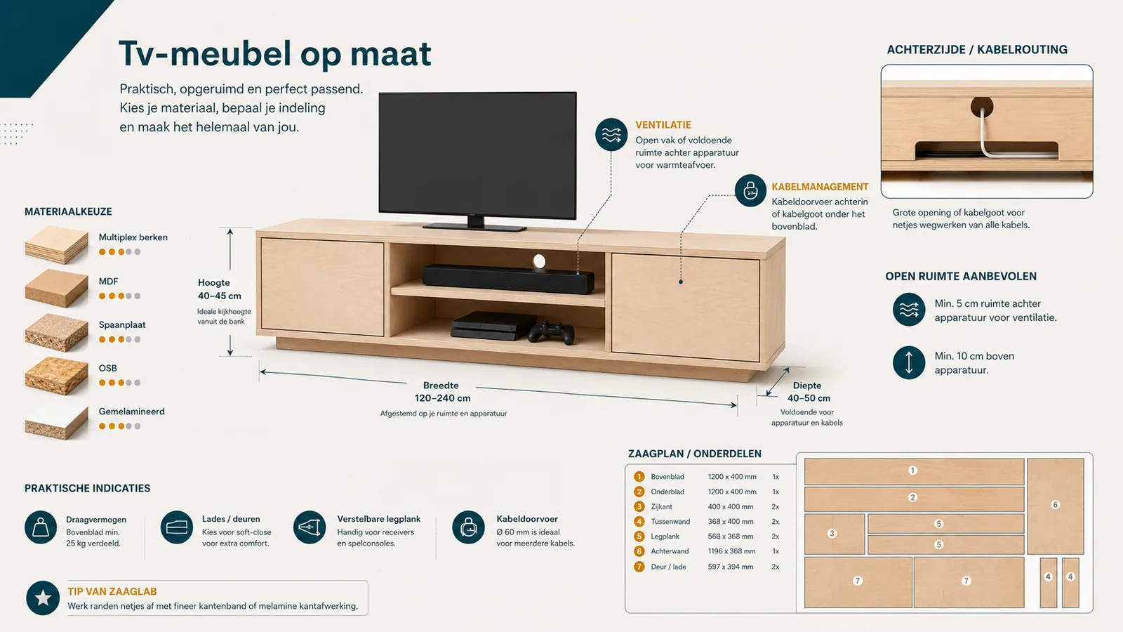 Infographic tv-meubel op maat: indeling met open vakken en lades, kabeldoorvoer en maten