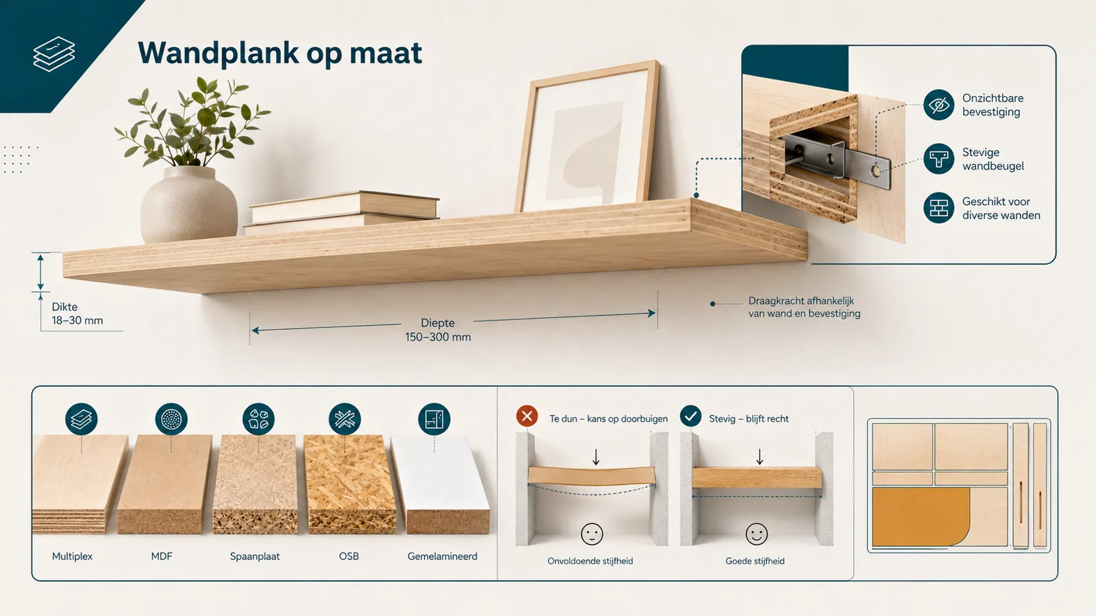 Infographic wandplank op maat: draagkracht, bevestiging en overspanning zonder doorbuiging