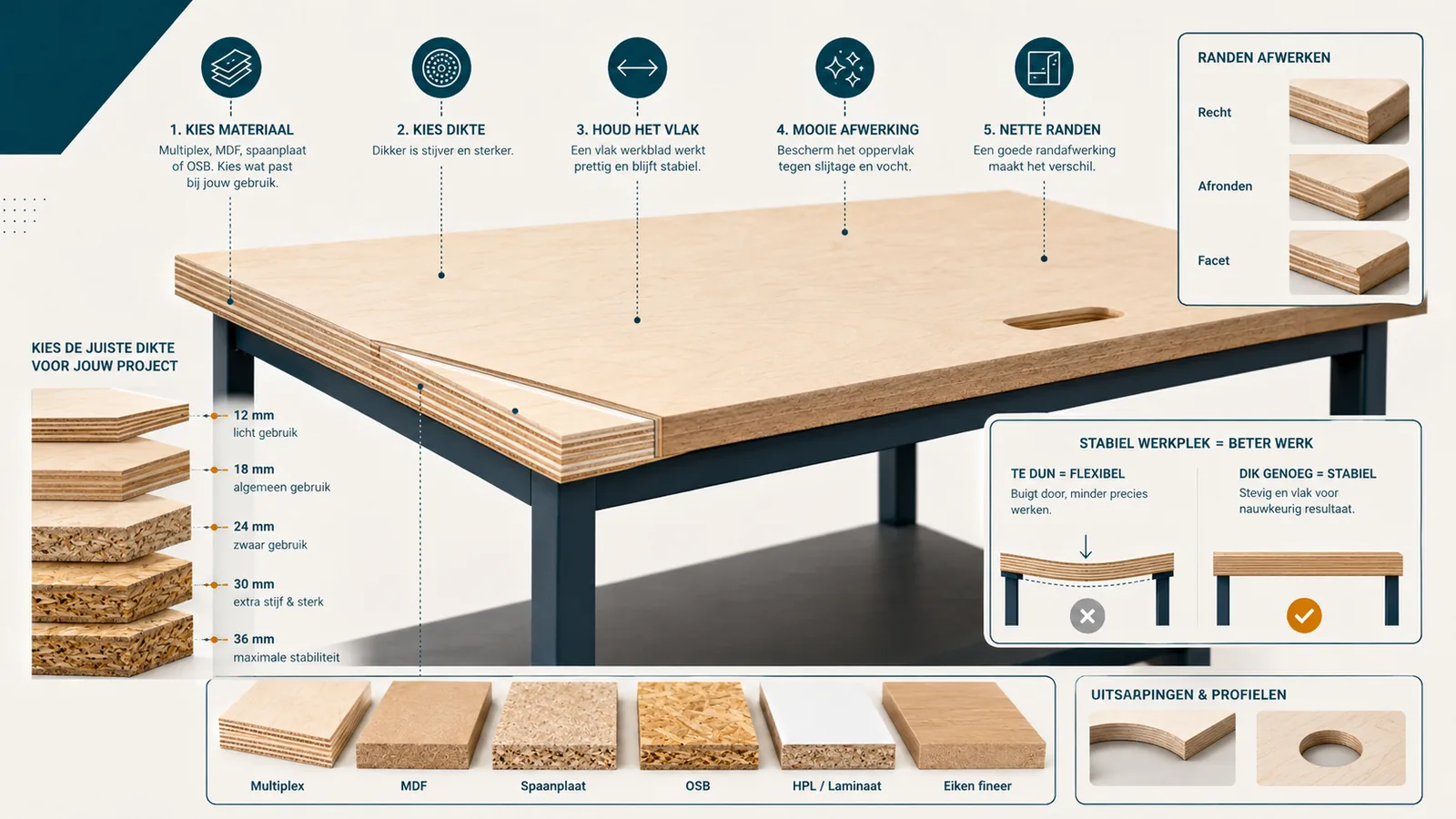 Infographic werkblad op maat: maatvoering, materiaalkeuze en de afwerking van de rand