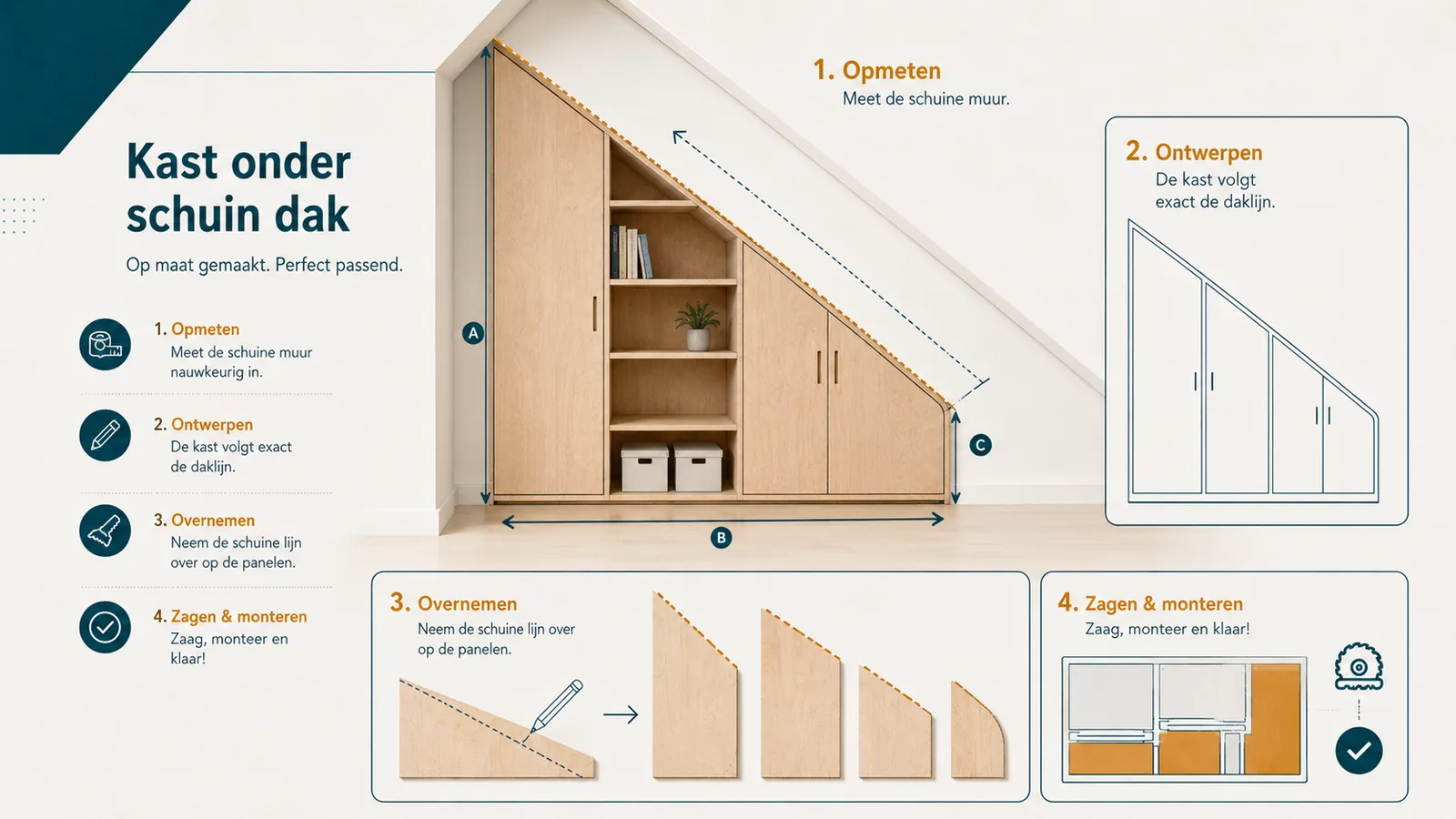 Infographic kast onder een schuin dak: hoge en lage zijde, schuin bovenblad en waterpas planken