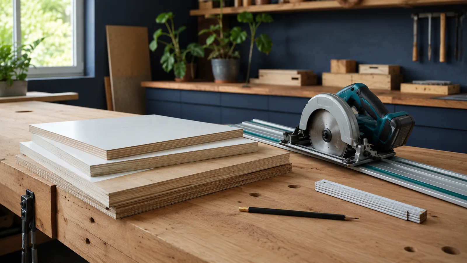 Platen plaatmateriaal op een werkbank, klaar om in te delen