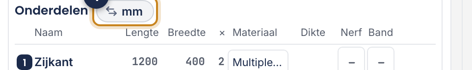 De eenheidsknop staat naast de kop Onderdelen, niet in een kolomkop.